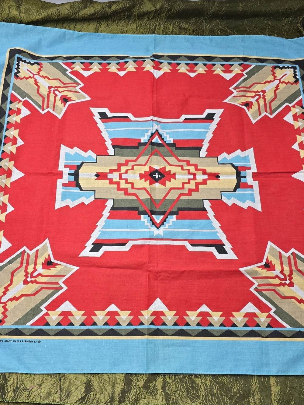 VTG 80s Blue Multicolor Southwestern Large Bandana RN 16463 "29x31” Handkerchief